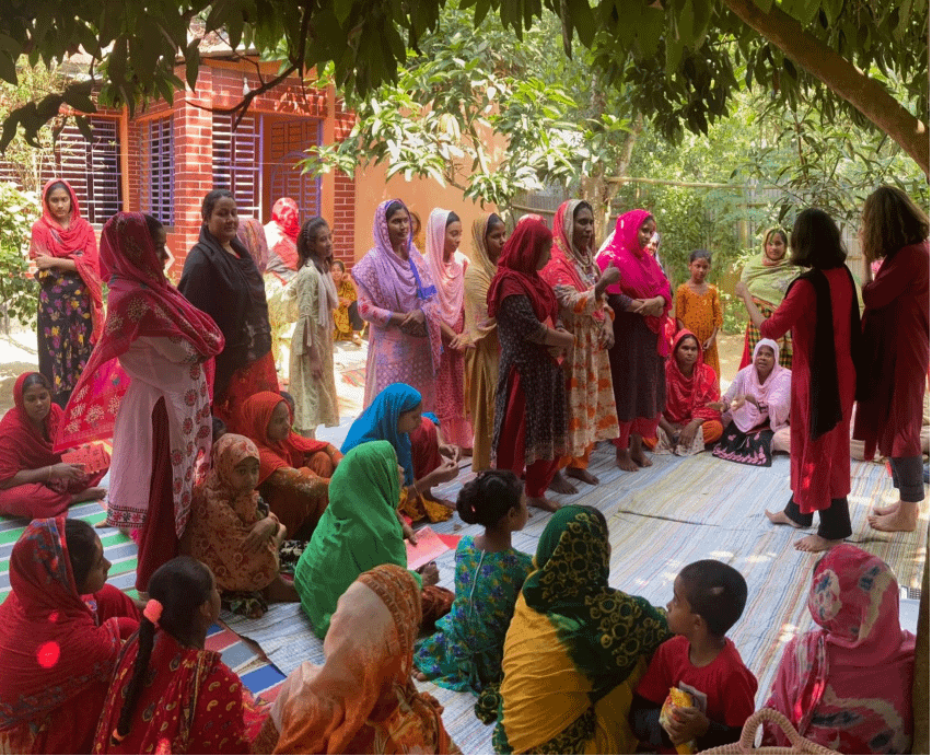 In this picture you see us, Farhana Tasnuva and Madeline Langley, in the countryside in Bangladesh talking with women about their experiences and ideas.